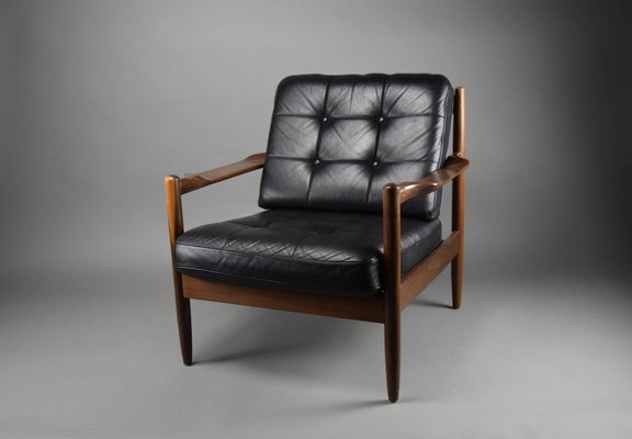 Mid-Century Danish Black Leather and Wood Lounge Chair by Grete Jalk, 1955-IEI-1705870