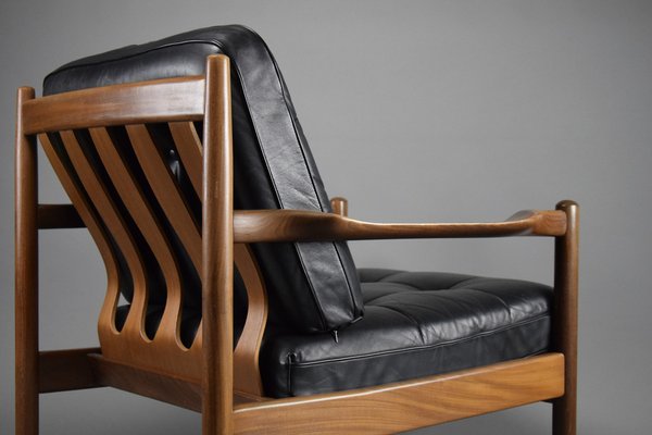 Mid-Century Danish Black Leather and Wood Lounge Chair by Grete Jalk, 1955-IEI-1705870