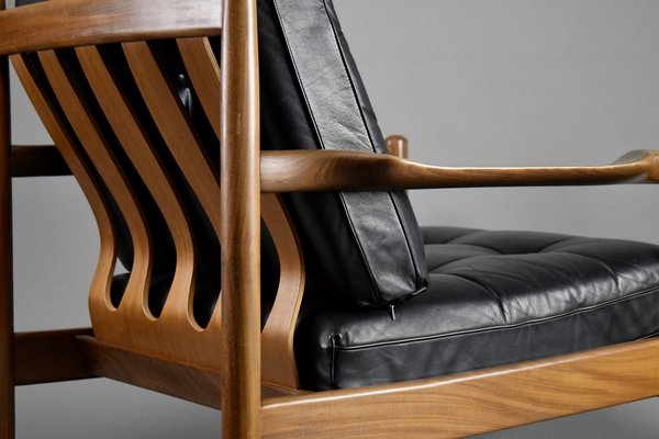 Mid-Century Danish Black Leather and Wood Lounge Chair by Grete Jalk, 1955-IEI-1705870