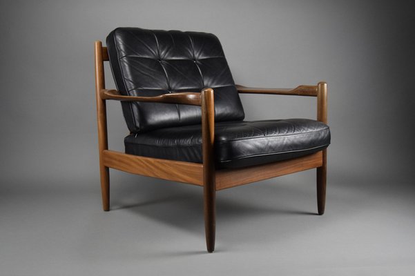 Mid-Century Danish Black Leather and Wood Lounge Chair by Grete Jalk, 1955-IEI-1705870