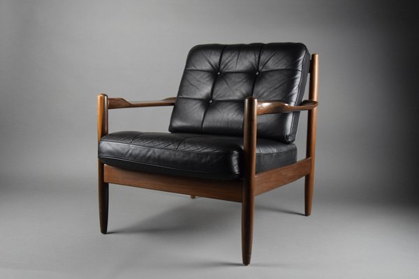 Mid-Century Danish Black Leather and Wood Lounge Chair by Grete Jalk, 1955-IEI-1705870