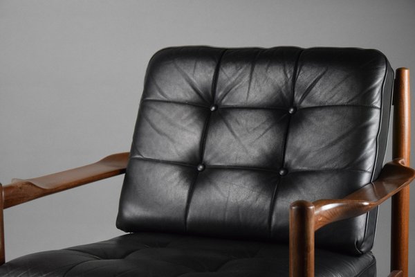 Mid-Century Danish Black Leather and Wood Lounge Chair by Grete Jalk, 1955-IEI-1705870