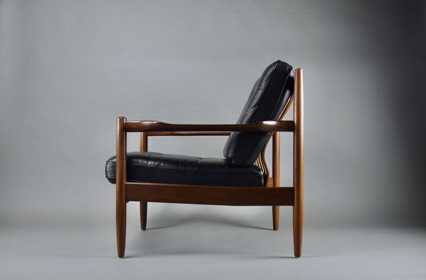 Mid-Century Danish Black Leather and Wood Lounge Chair by Grete Jalk, 1955-IEI-1705870