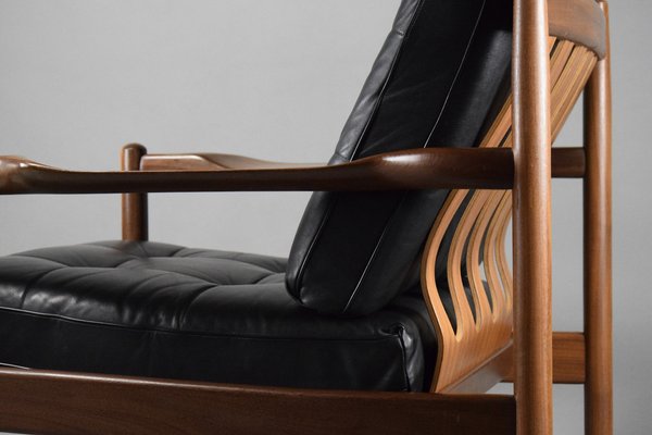 Mid-Century Danish Black Leather and Wood Lounge Chair by Grete Jalk, 1955-IEI-1705870