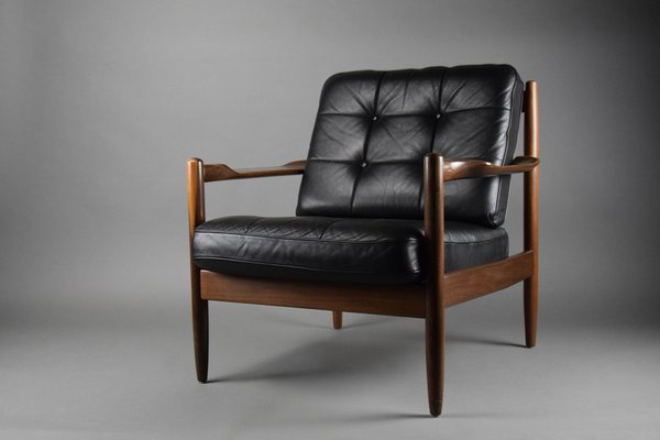 Mid-Century Danish Black Leather and Wood Lounge Chair by Grete Jalk, 1955-IEI-1705870