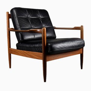 Mid-Century Danish Black Leather and Wood Lounge Chair by Grete Jalk, 1955-IEI-1705870