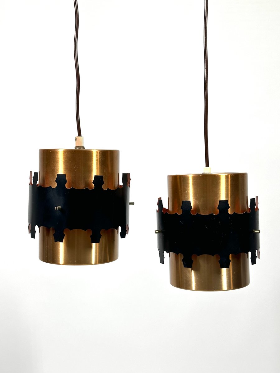 Mid-Century Danish Brass and Metal Pendant Lamps by Werner Schou for Coronell, 1960s, Set of 2