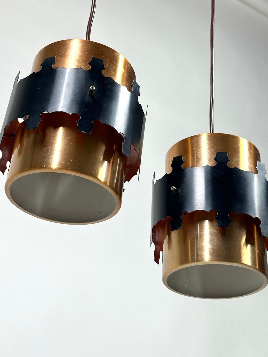 Mid-Century Danish Brass and Metal Pendant Lamps by Werner Schou for Coronell, 1960s, Set of 2