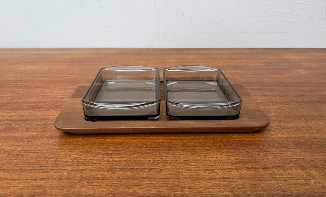 Mid-Century Danish Cabaret Glass Bowls from Holmegaard with Teak Tray from Illums Bolighus, 1960s, Set of 3-UAH-1821213