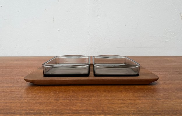 Mid-Century Danish Cabaret Glass Bowls from Holmegaard with Teak Tray from Illums Bolighus, 1960s, Set of 3-UAH-1821213