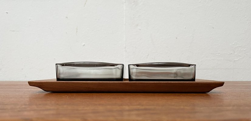 Mid-Century Danish Cabaret Glass Bowls from Holmegaard with Teak Tray from Illums Bolighus, 1960s, Set of 3-UAH-1821213