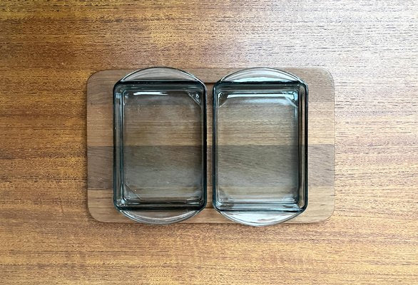 Mid-Century Danish Cabaret Glass Bowls from Holmegaard with Teak Tray from Illums Bolighus, 1960s, Set of 3-UAH-1821213