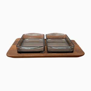 Mid-Century Danish Cabaret Glass Bowls from Holmegaard with Teak Tray from Illums Bolighus, 1960s, Set of 3-UAH-1821213