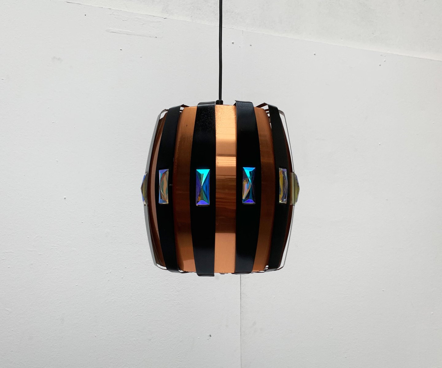 Mid-Century Danish Copper & Black Metal and Prism Pendant Lamp by Werner Schou for Coronell Elektro