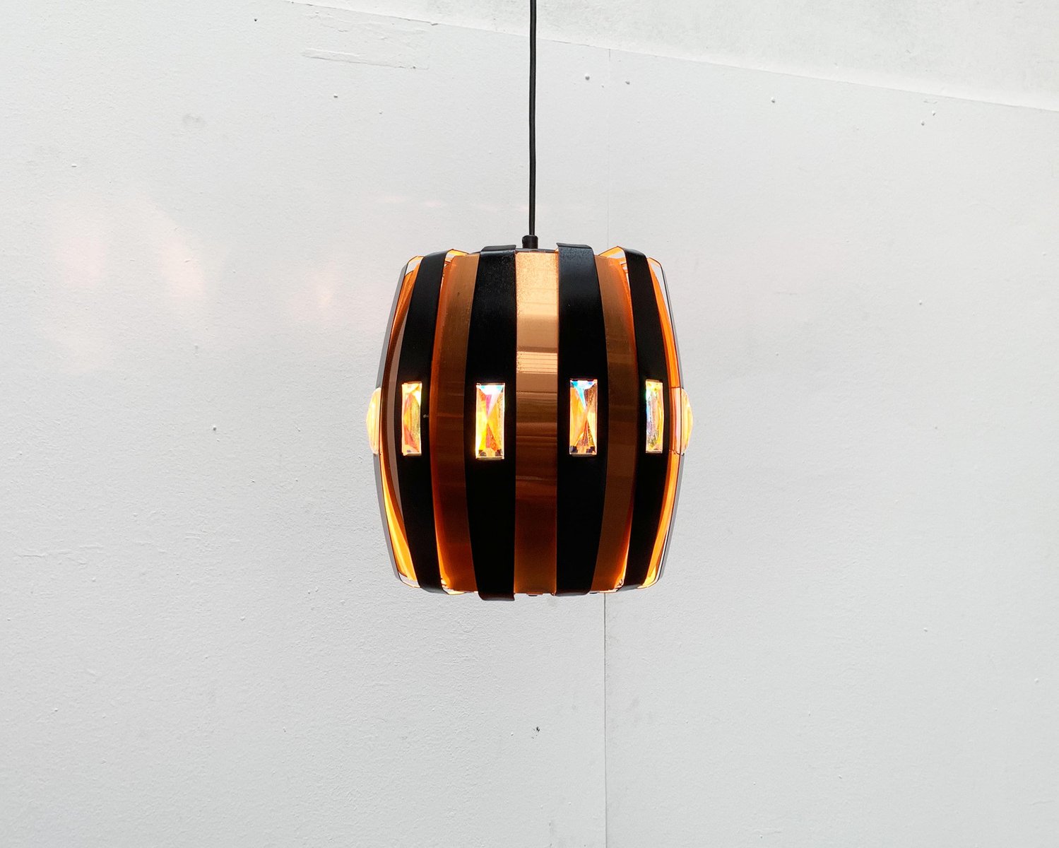 Mid-Century Danish Copper & Black Metal and Prism Pendant Lamp by Werner Schou for Coronell Elektro