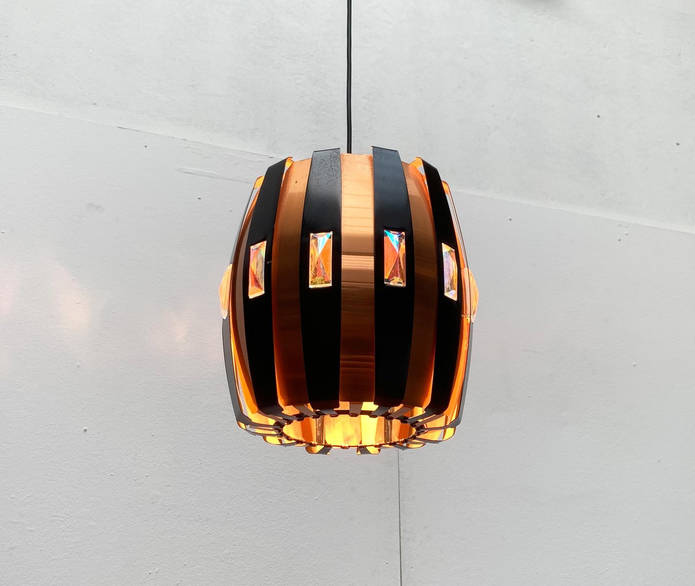 Mid-Century Danish Copper & Black Metal and Prism Pendant Lamp by Werner Schou for Coronell Elektro