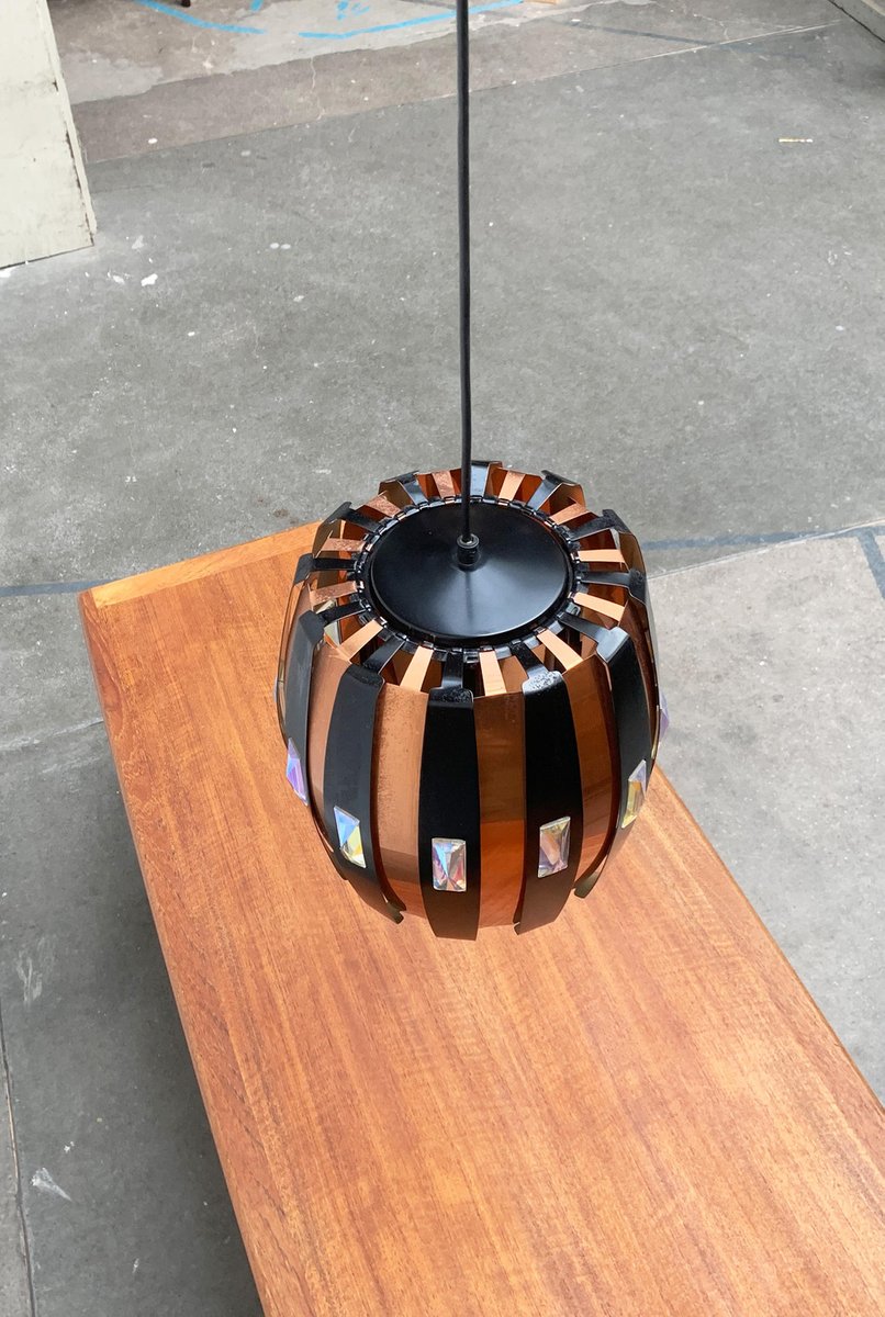 Mid-Century Danish Copper & Black Metal and Prism Pendant Lamp by Werner Schou for Coronell Elektro