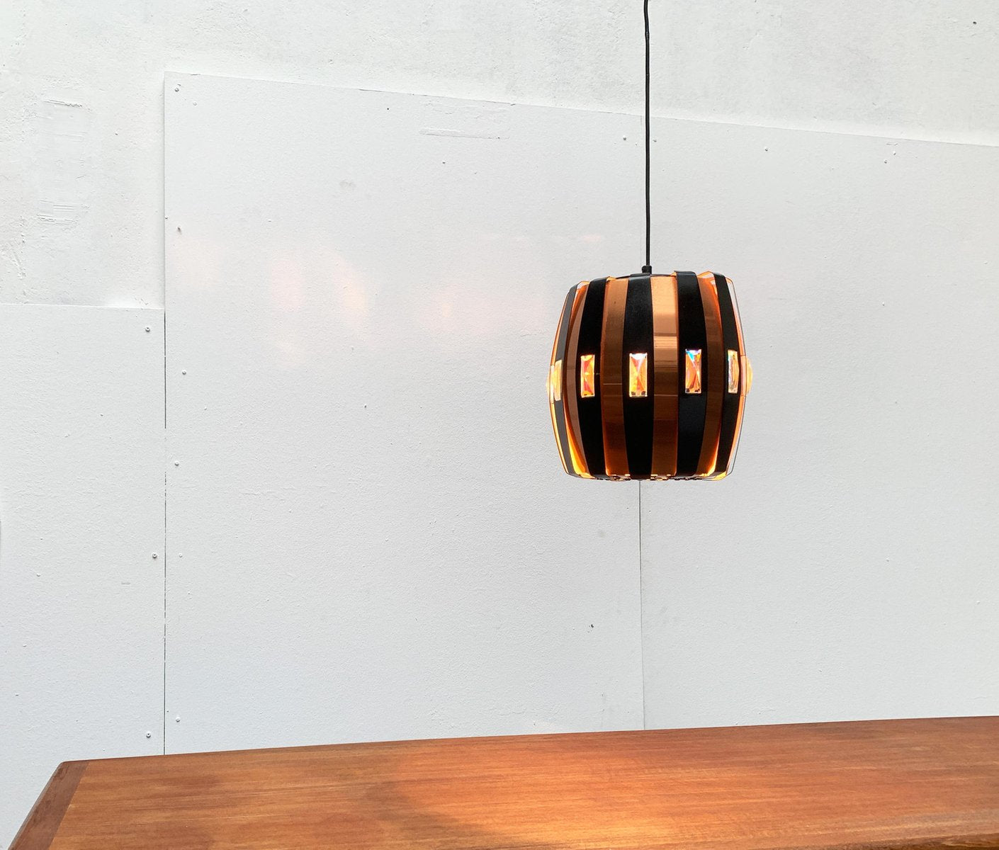 Mid-Century Danish Copper & Black Metal and Prism Pendant Lamp by Werner Schou for Coronell Elektro