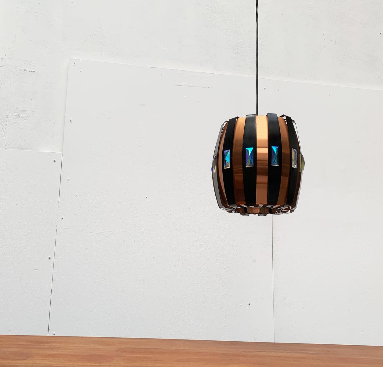 Mid-Century Danish Copper & Black Metal and Prism Pendant Lamp by Werner Schou for Coronell Elektro