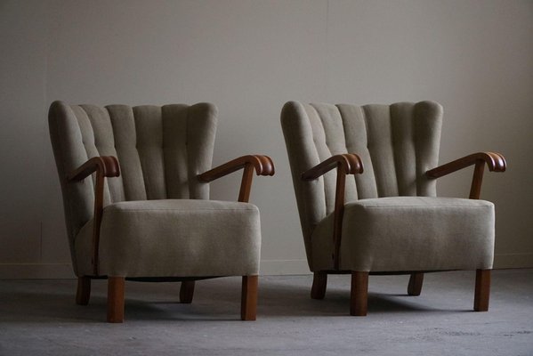 Mid-Century Danish Lounge Chairs in Olive Green Linen, 1960s, Set of 2-MXF-2018030