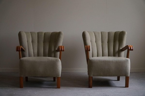 Mid-Century Danish Lounge Chairs in Olive Green Linen, 1960s, Set of 2-MXF-2018030