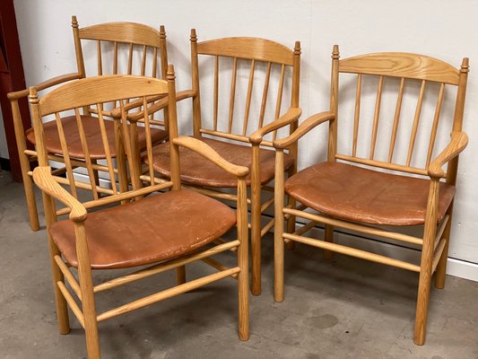 Mid-Century Danish Model J133 Armchairs in Ash with Leather Seats by Erik Ole Jørgensen for FDB Furnitures, 1974, Set of 4-GON-1396870