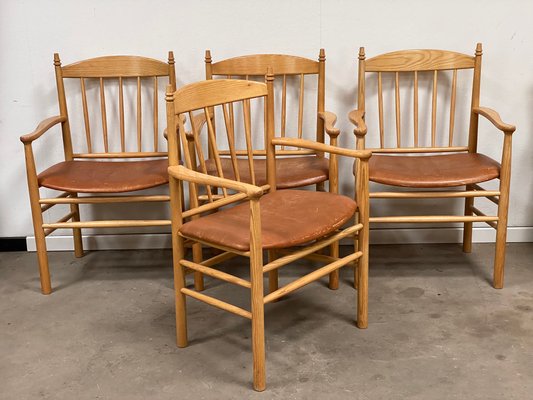 Mid-Century Danish Model J133 Armchairs in Ash with Leather Seats by Erik Ole Jørgensen for FDB Furnitures, 1974, Set of 4-GON-1396870