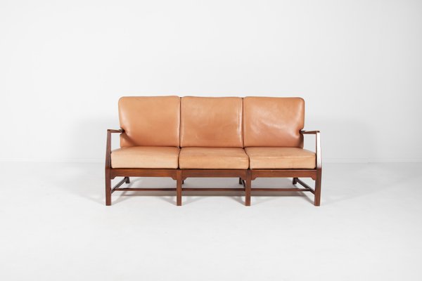 Mid-Century Danish Modern 3-Seat Sofa with Cognac Leather Cushions-KMC-1158404