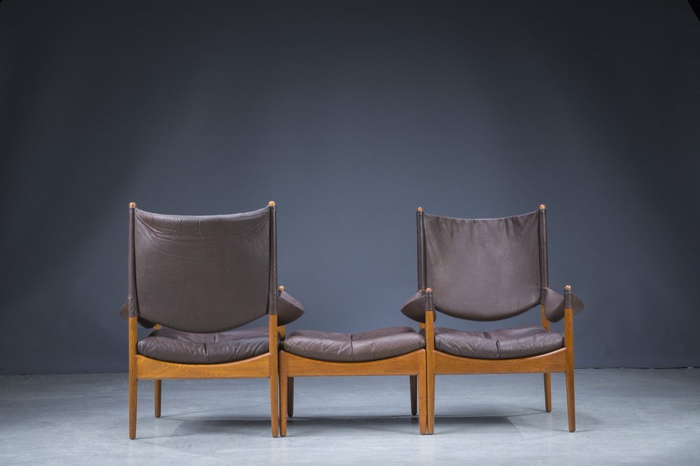 Mid-Century Danish Oak & Leather Lounge Chairs & Ottoman by Kristian Vedel for Søren Wiladsen, 1960s, Set of 3