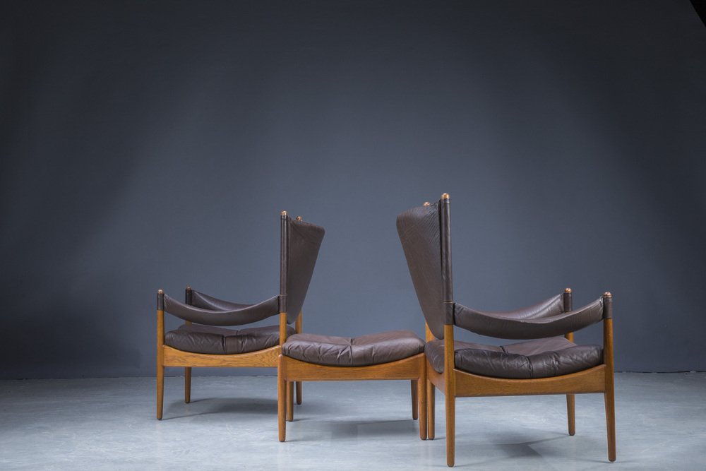 Mid-Century Danish Oak & Leather Lounge Chairs & Ottoman by Kristian Vedel for Søren Wiladsen, 1960s, Set of 3