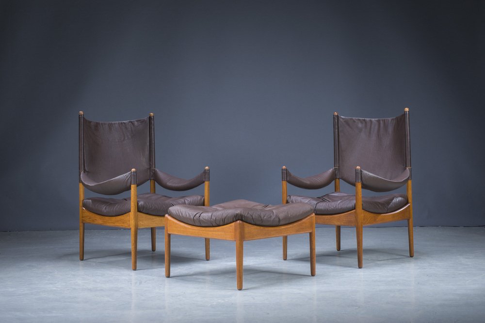 Mid-Century Danish Oak & Leather Lounge Chairs & Ottoman by Kristian Vedel for Søren Wiladsen, 1960s, Set of 3