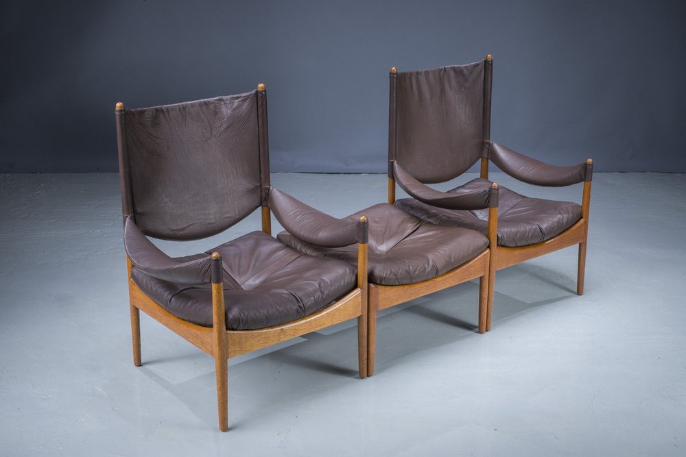 Mid-Century Danish Oak & Leather Lounge Chairs & Ottoman by Kristian Vedel for Søren Wiladsen, 1960s, Set of 3