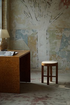 Mid-Century Danish Oak Stool Reupholstered in Bouclé Wool from Rud. Rasmussen, 1950s-MXF-1008748