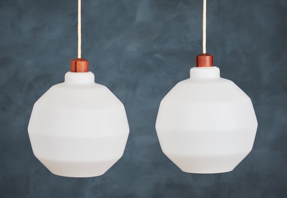 Mid-Century Danish Opaline Glass and Teak Pendant Lamps, 1960s, Set of 2-ZGQ-712650