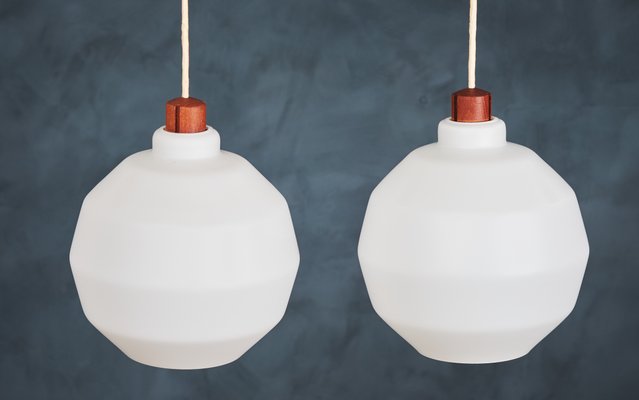 Mid-Century Danish Opaline Glass and Teak Pendant Lamps, 1960s, Set of 2-ZGQ-712650