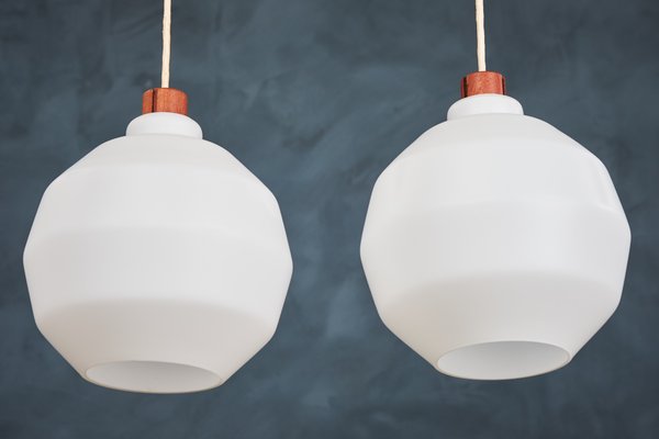 Mid-Century Danish Opaline Glass and Teak Pendant Lamps, 1960s, Set of 2-ZGQ-712650