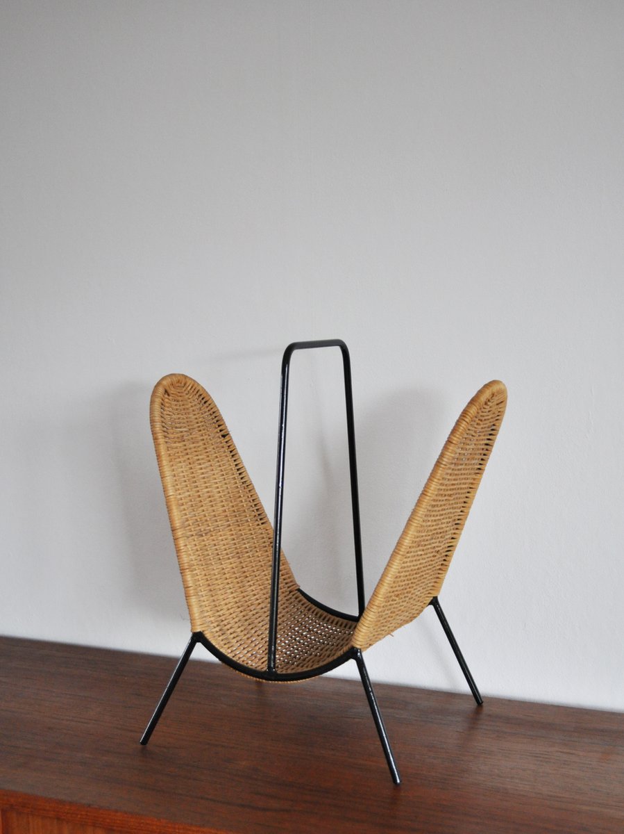 Mid-Century Danish Rattan Magazine Rack Attributed to Carl Auböck from Illums Bolighus, 1960s