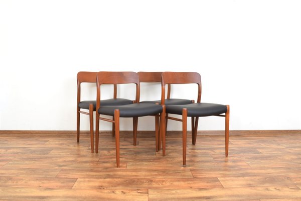 Mid-Century Danish Teak & Leather Dining Chairs Model 75 by N. O. Møller for J.L. Møller, 1960s, Set of 4-LOT-2023793