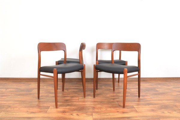 Mid-Century Danish Teak & Leather Dining Chairs Model 75 by N. O. Møller for J.L. Møller, 1960s, Set of 4-LOT-2023793