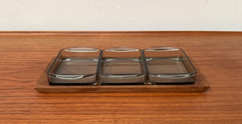 Mid-Century Danish Tray in Teak with Cabaret Glass Trays from Holmegaard, 1960s, Set of 4-UAH-1382392