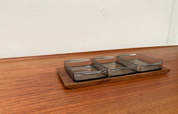 Mid-Century Danish Tray in Teak with Cabaret Glass Trays from Holmegaard, 1960s, Set of 4-UAH-1382392