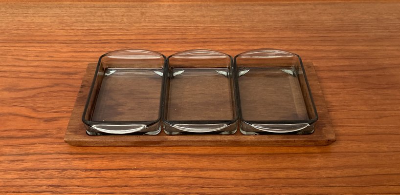 Mid-Century Danish Tray in Teak with Cabaret Glass Trays from Holmegaard, 1960s, Set of 4-UAH-1382392