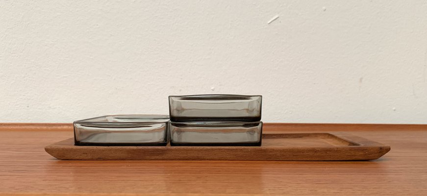 Mid-Century Danish Tray in Teak with Cabaret Glass Trays from Holmegaard, 1960s, Set of 4-UAH-1382392