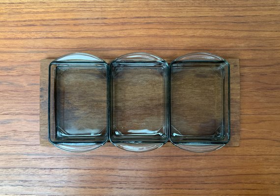 Mid-Century Danish Tray in Teak with Cabaret Glass Trays from Holmegaard, 1960s, Set of 4-UAH-1382392