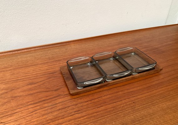 Mid-Century Danish Tray in Teak with Cabaret Glass Trays from Holmegaard, 1960s, Set of 4-UAH-1382392