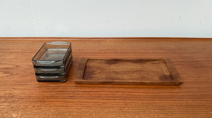 Mid-Century Danish Tray in Teak with Cabaret Glass Trays from Holmegaard, 1960s, Set of 4-UAH-1382392