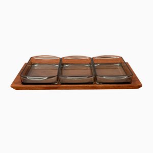 Mid-Century Danish Tray in Teak with Cabaret Glass Trays from Holmegaard, 1960s, Set of 4-UAH-1382392