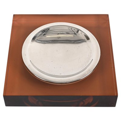 Mid-Century Dark Amber Acrylic Glass and Chrome Ashtray, Italy, 1970s-JDR-1425993