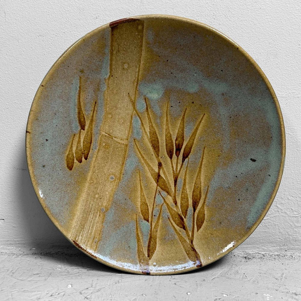 Mid-Century Decorative Bamboo & Grain Earthenware Plate, Japan, 1950s