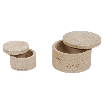 Mid-Century Decorative Boxes in Travertine in the style of Enzo Mari, Italy, 1970s, Set of 2-LYQ-1739368